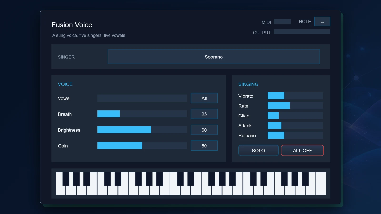 Fusion Voice in a development build on Windows: a choice of singer, set to Soprano, above controls for the vowel, breath, brightness, and gain of the voice and for vibrato, glide, attack, and release, and a keyboard to play it
